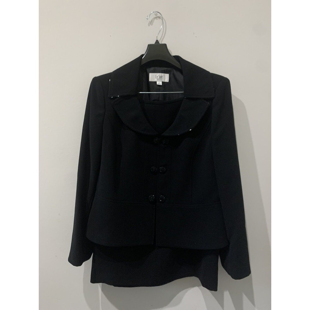 Vintage Le Suit Petite Skirt Suit Set 2 Piece Blazer Size 12P One Button Black